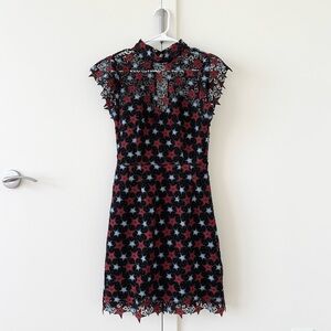 Sandro Dress Red and Blue Star Lace Pattern
